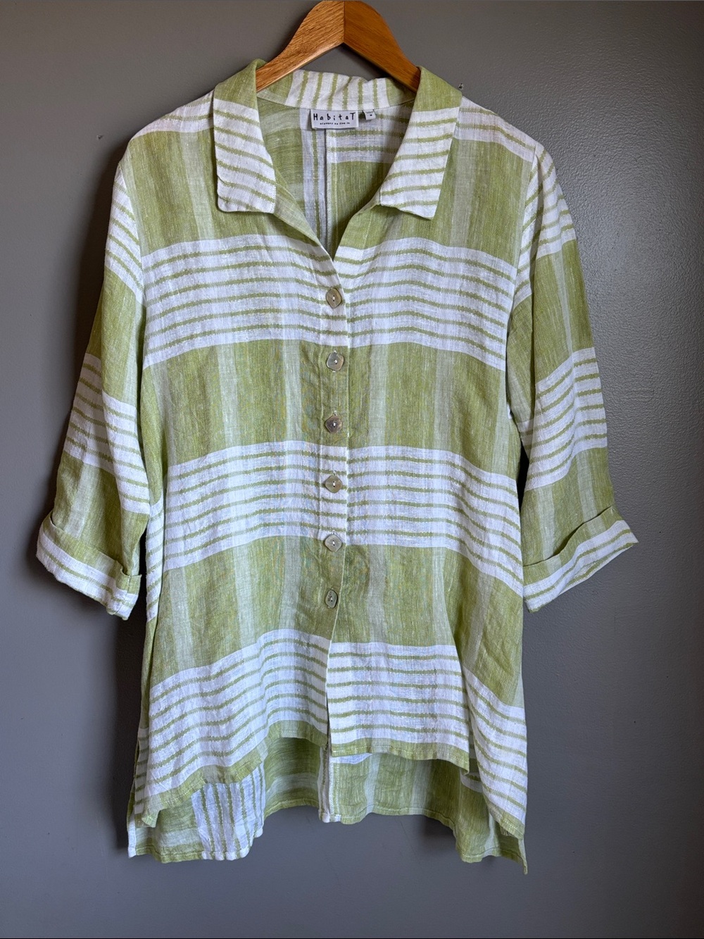 Habitat 100 % linen light green & white striped button-front shirt * sz M *
